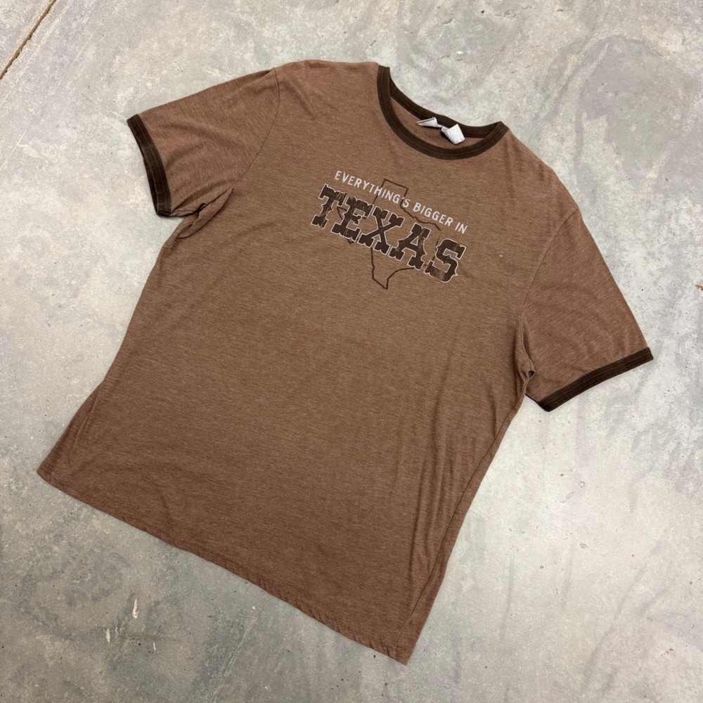 Y2K Mens Utility Texas Graphic Ringer T-Shirt Western Souvenir Brown XL